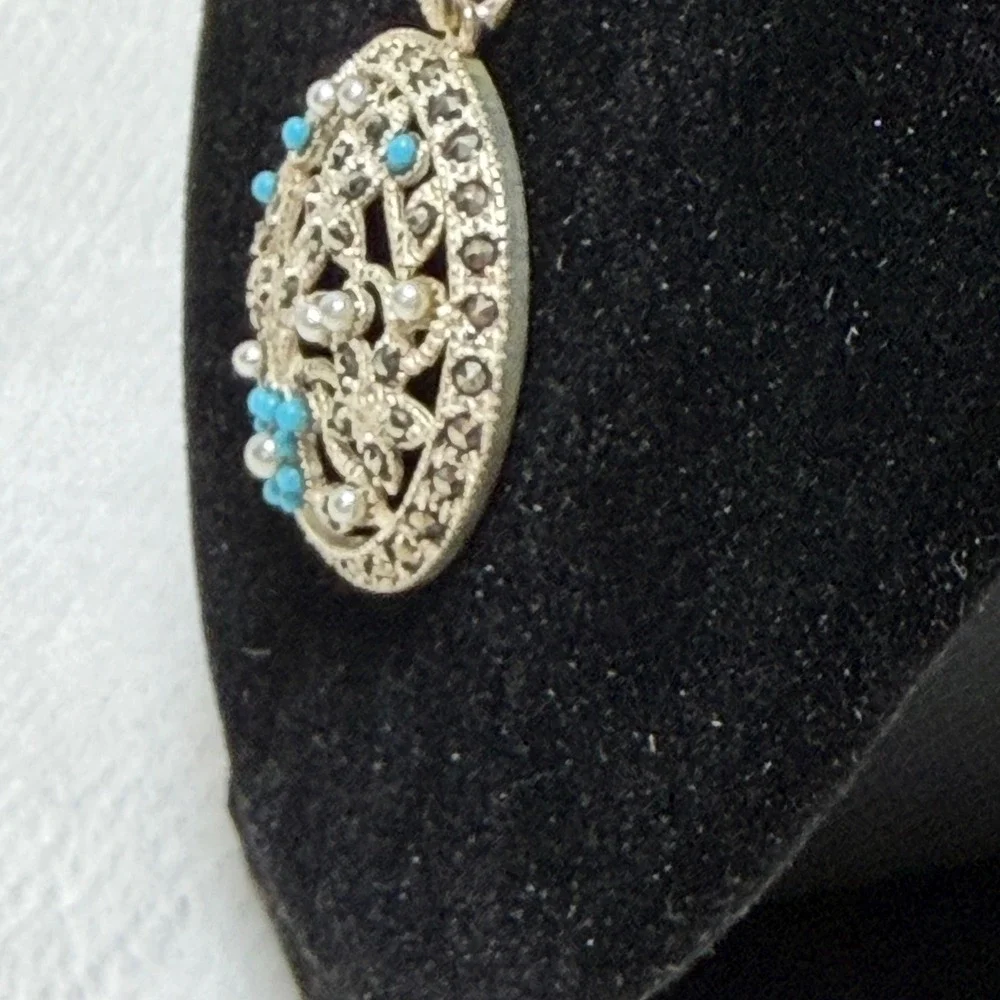 Sterling Silver Marcasite Turquoise Pearl‎ Floral Medallion Pendant Necklace